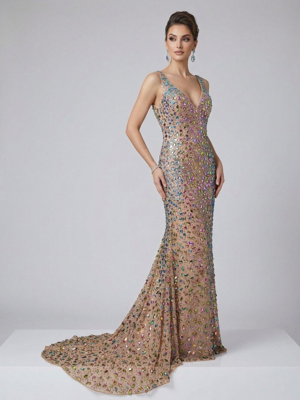 Multicolor Wedding Evening Cocktail Runway Prom Crystals Couture Designer Dress